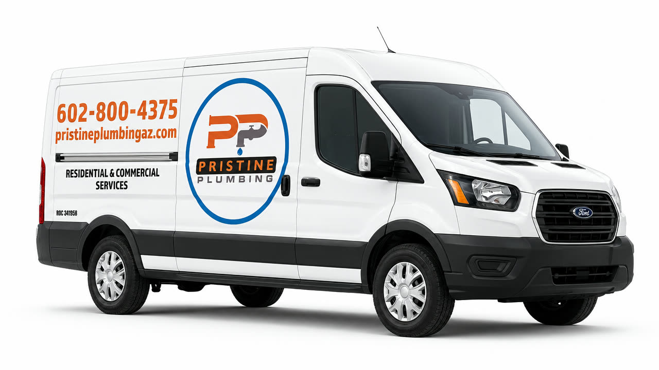 Pristine Plumbing branded service van shown at a front quarter angle